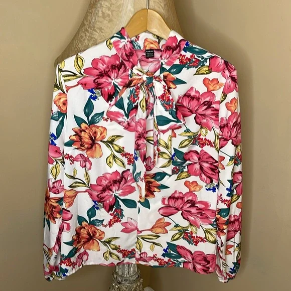 SHEIN Bow Tie Pink Multicolor Flower Blouse Size XL - Picture 4 of 12